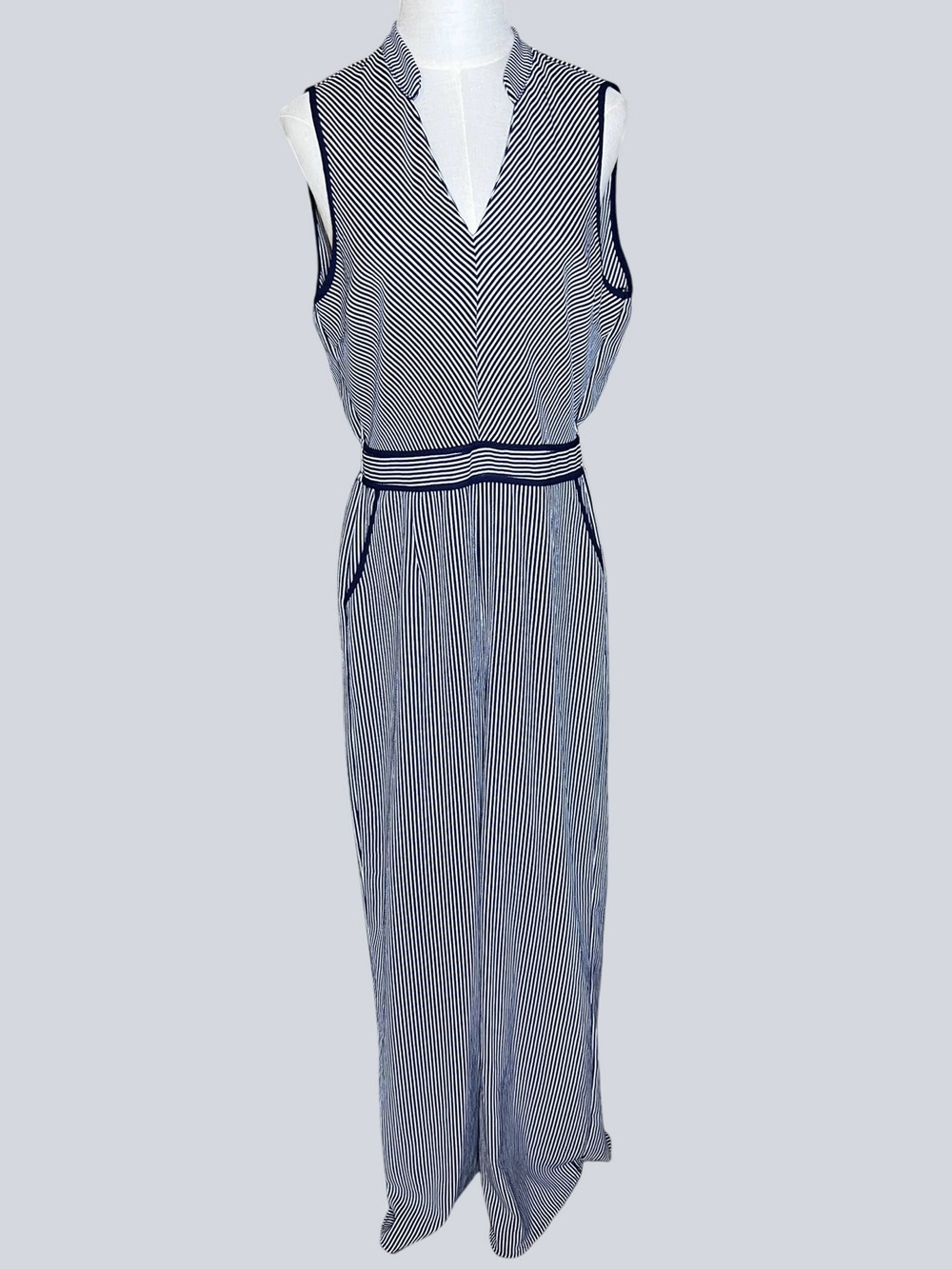 Monteau Navy White Stripe Sleeveless Wide Leg Jumpsuit Pockets Nautical Large